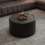 Black Round Storage Coffee Table - Tempered Glass Top & PU Leather Body Cylinder Accent Table