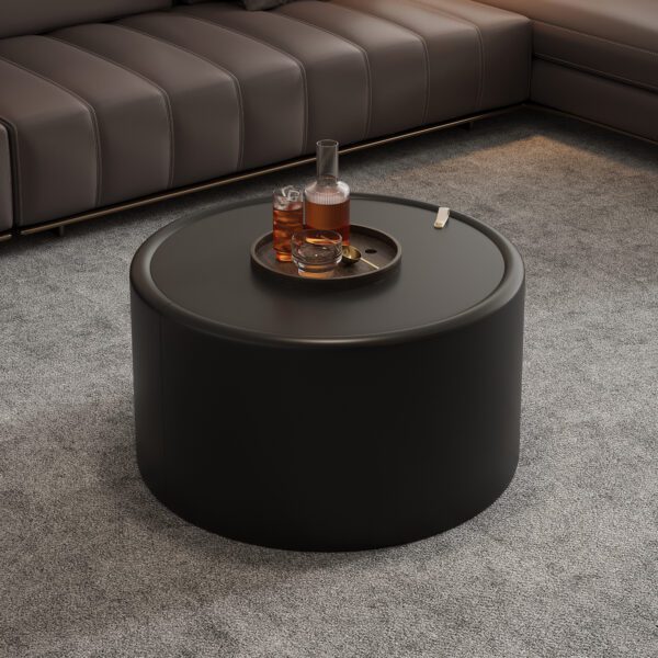 Black Round Storage Coffee Table - Tempered Glass Top & PU Leather Body Cylinder Accent Table
