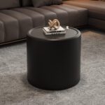 Black Round Storage Side Table - Tempered Glass Top & PU Leather Cylinder Accent Table