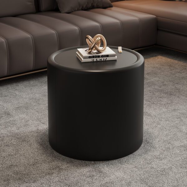 Black Round Storage Side Table - Tempered Glass Top & PU Leather Cylinder Accent Table