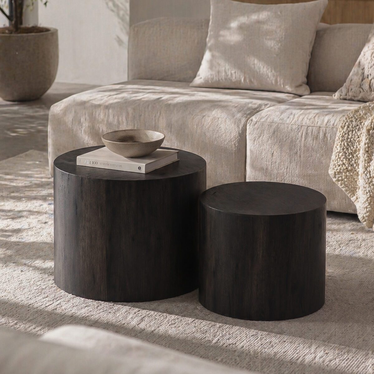 Set of 2 Nesting Round Cylinder MDF Side Tables, Dark Rustic Wood-Grain Drum Accent Table Set - Image 4
