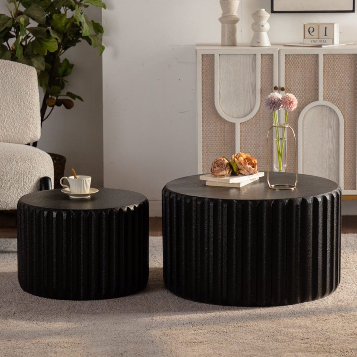 Set of 2 Black Fluted Nesting Storage Tables - Modern Round Accent Coffee & Side Tables - Image 2