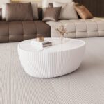 White Round Pleated Coffee Table - Marble Top & PU Leather Base Modern Accent Table