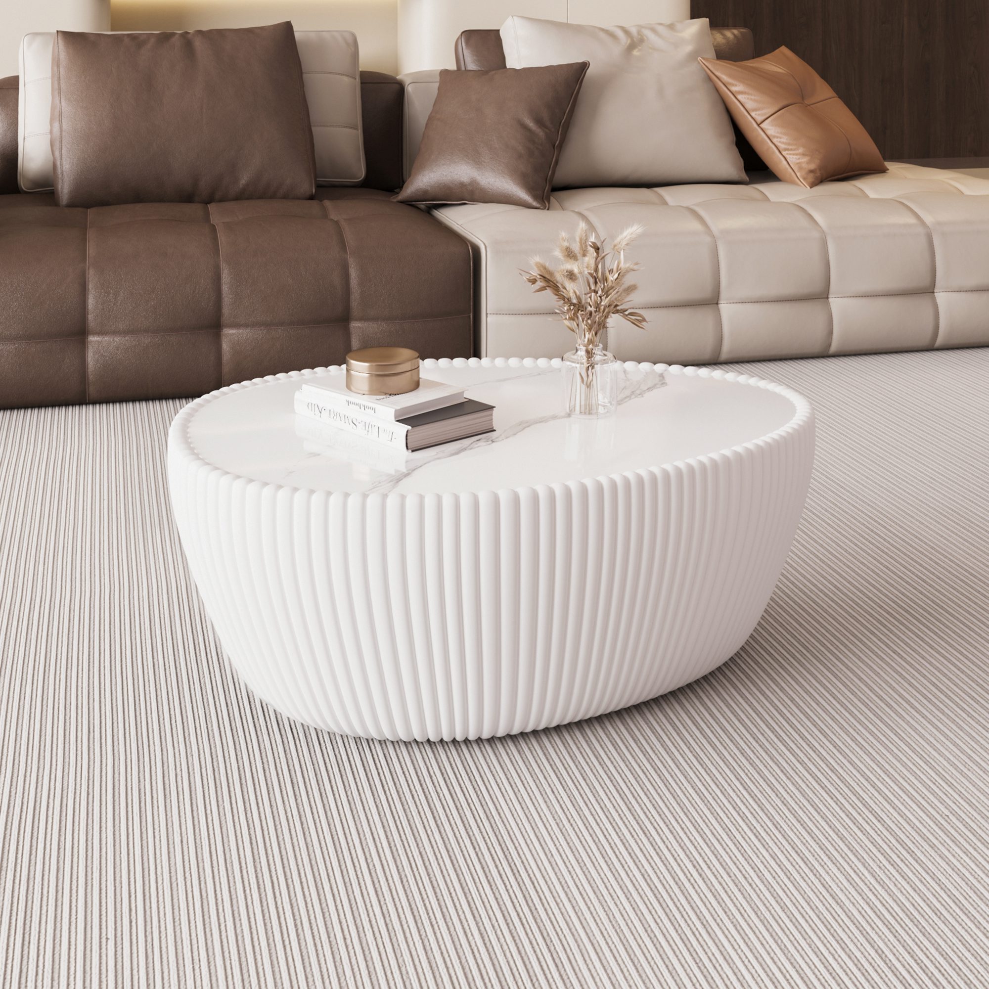 1 White Round Pleated Coffee Table - Marble Top & PU Leather Base Modern Accent Table - Image 1