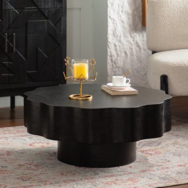 Black Scalloped Round Coffee Table - Modern Wavy Edge Accent Table