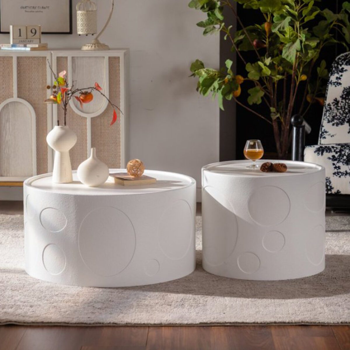 White Embossed Round Coffee Table - Modern Textured Cylinder Accent Table - Image 3