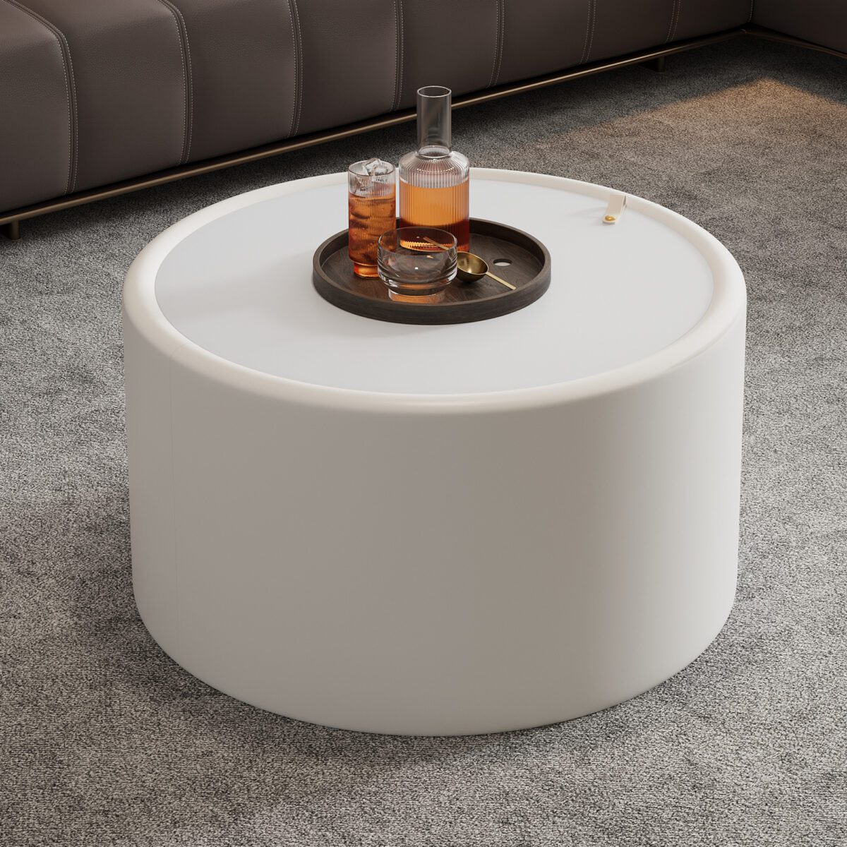 White Round Storage Coffee Table - Tempered Glass Top & PU Leather Cylinder Accent Table - Image 2