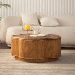 Clover-Shaped Bamboo Storage Coffee Table - Woven Bamboo Accent Table with Hidden Compartment