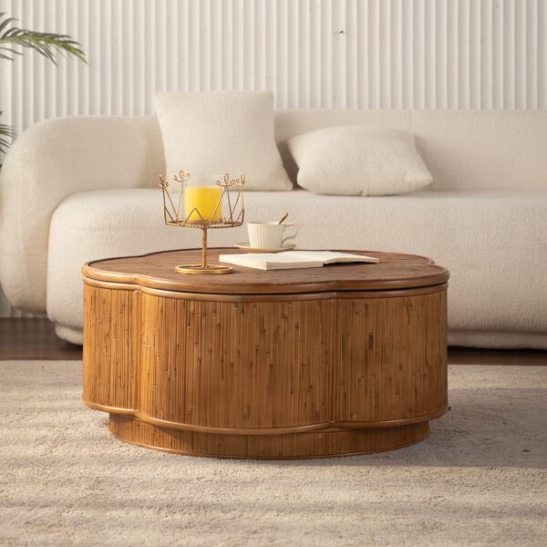 Clover-Shaped Bamboo Storage Coffee Table - Woven Bamboo Accent Table with Hidden Compartment