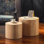Set of 2 Nesting Natural Wood Grain MDF Cylinder Side Tables, Light Tone Drum Accent Table Set