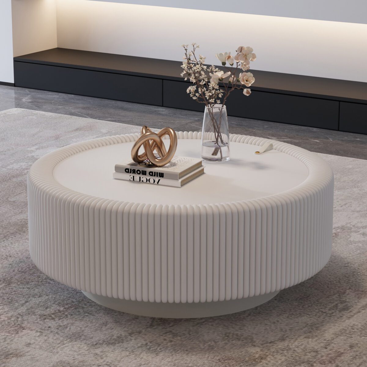 White Pleated Round Coffee Table - Tempered Glass Top & PU Leather Fluted Accent Table - Image 2