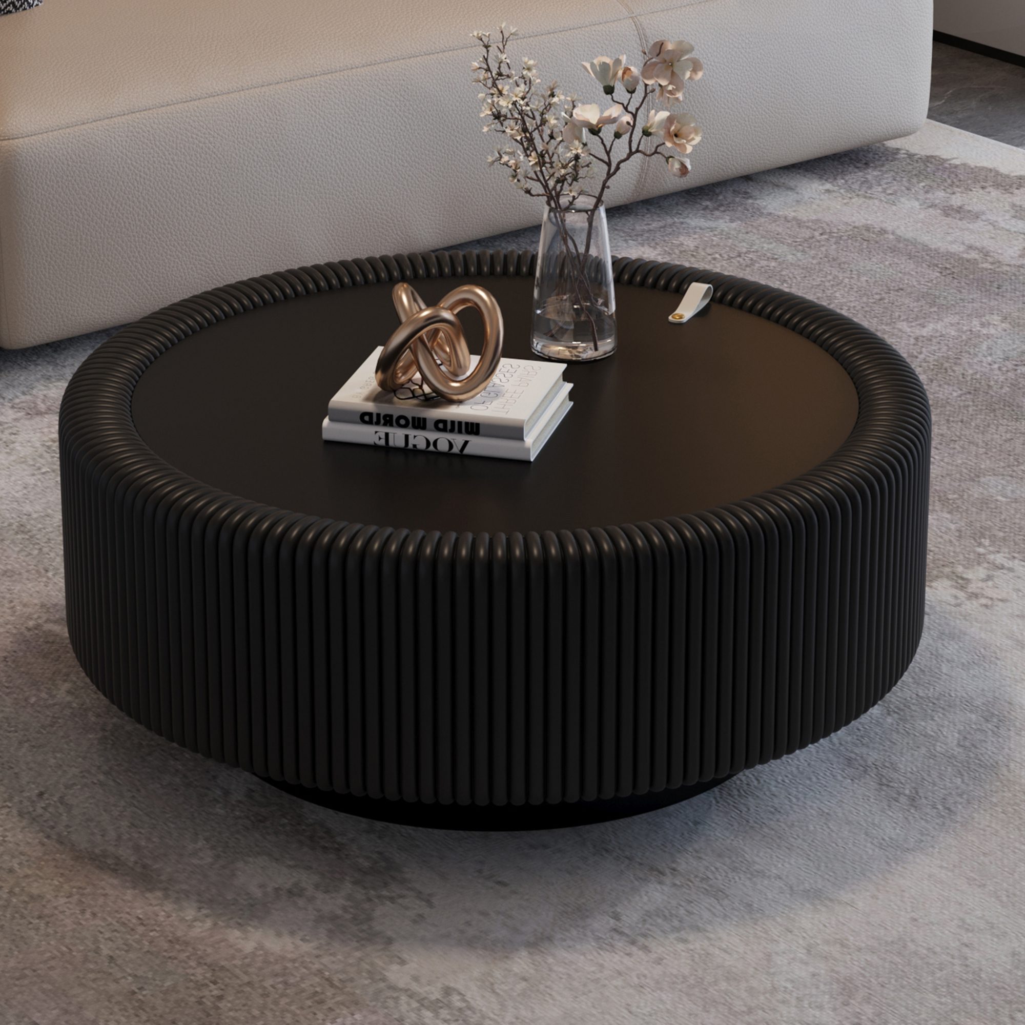 1 Black Pleated Round Coffee Table - Tempered Glass Top & PU Leather Fluted Accent Table - Image 1