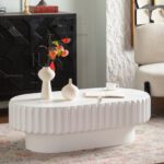 White Fluted Oval Coffee Table - Modern Ribbed Accent Table with Hidden Storage