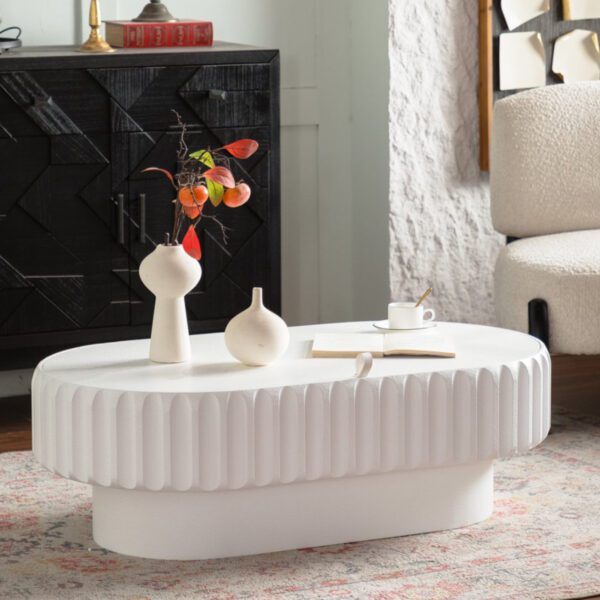 White Fluted Oval Coffee Table - Modern Ribbed Accent Table with Hidden Storage