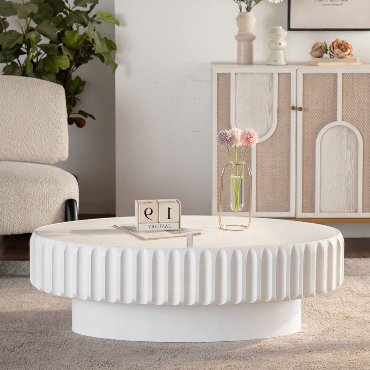 White Fluted Round Storage Coffee Table - Modern Ribbed Accent Table with Hidden Compartment - Image 2
