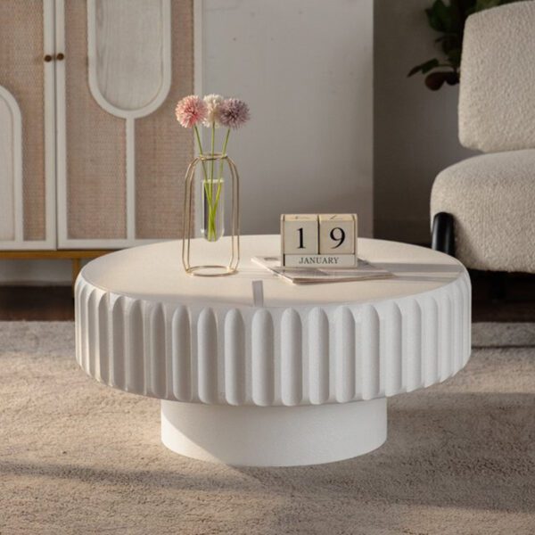 White Fluted Round Storage Coffee Table - Modern Ribbed Accent Table with Lift-Off Lid