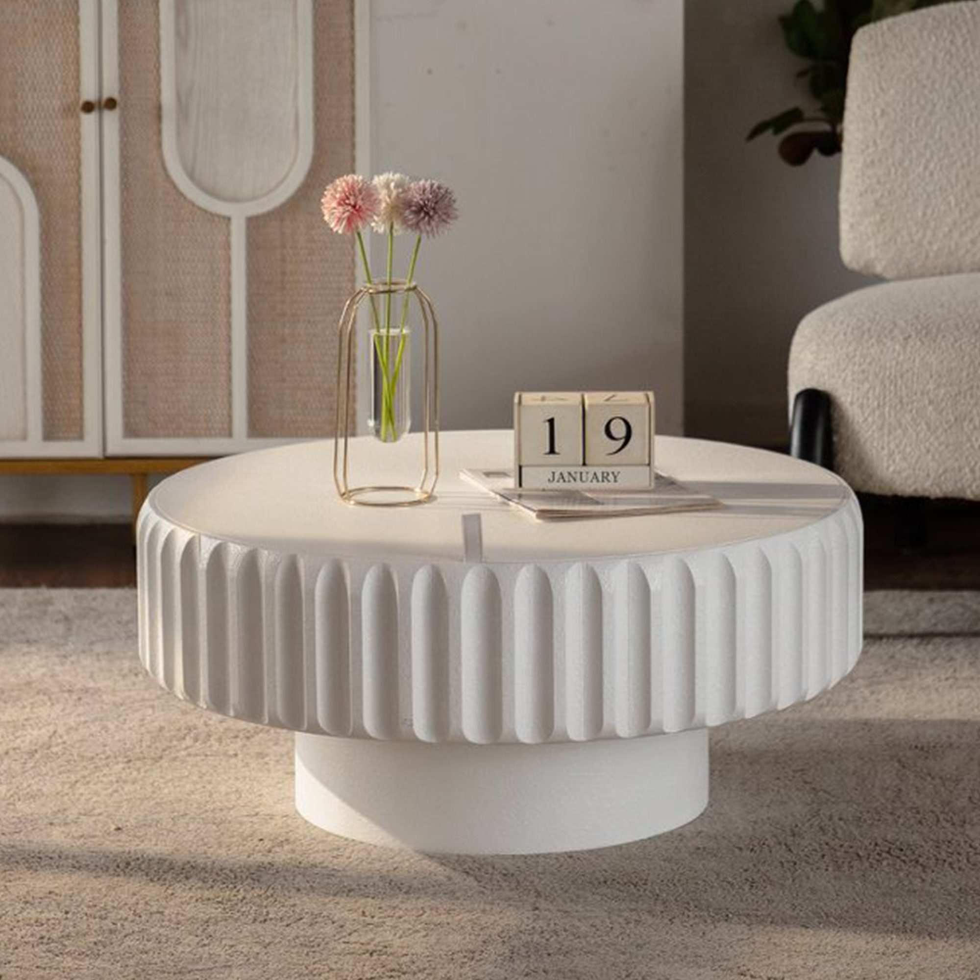 1 White Fluted Round Storage Coffee Table - Modern Ribbed Accent Table with Lift-Off Lid - Image 1