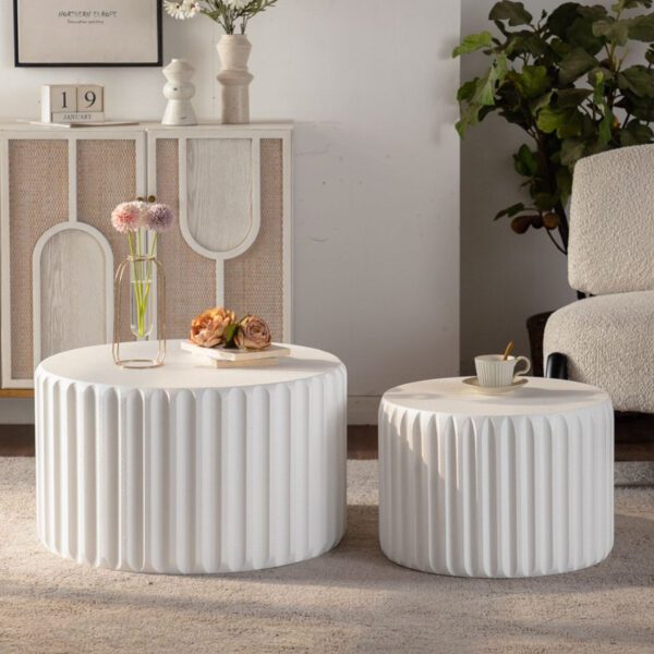Set of 2 White Fluted Nesting Tables - Modern Ribbed Round Accent Tables