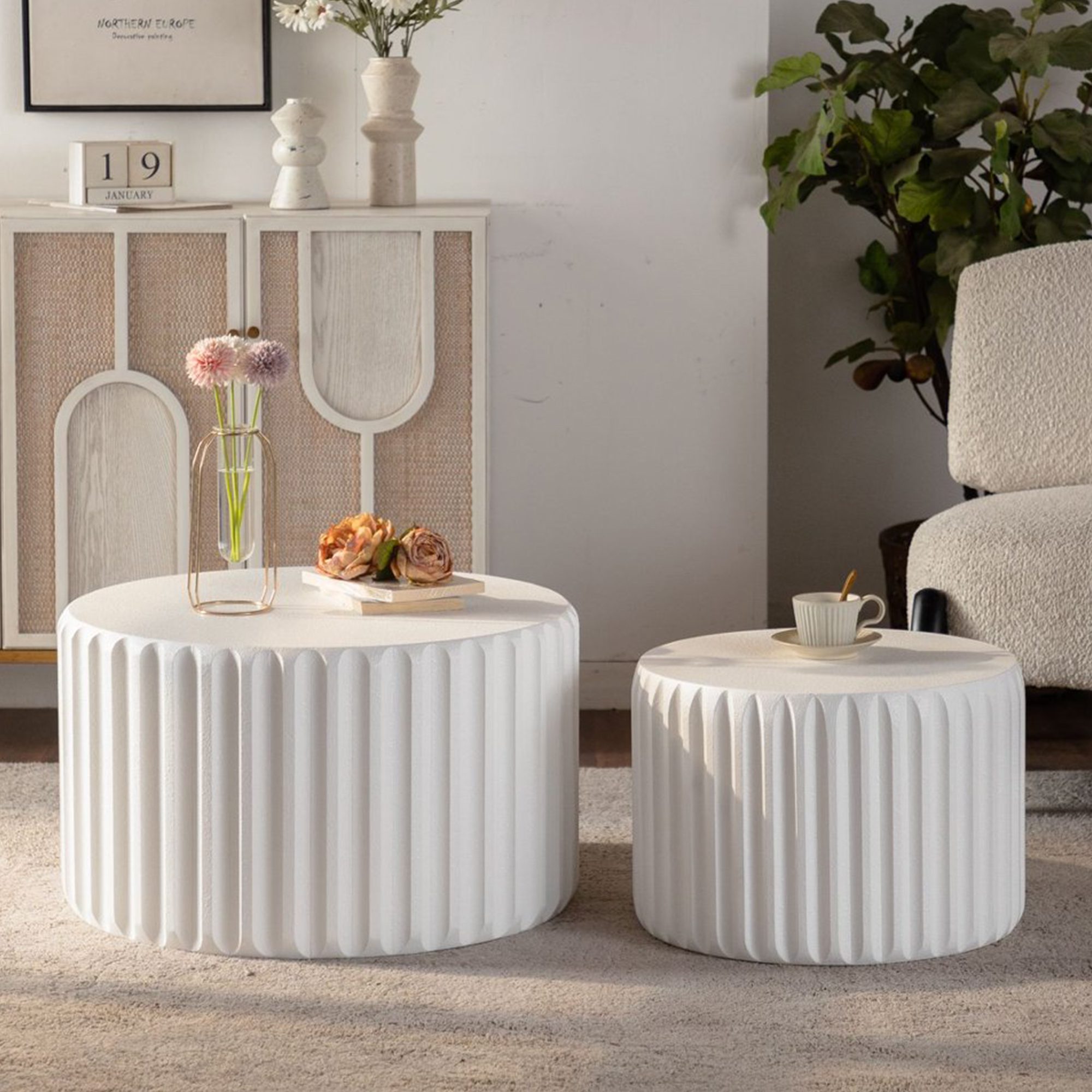 1 Set of 2 White Fluted Nesting Tables - Modern Ribbed Round Accent Tables - Image 1