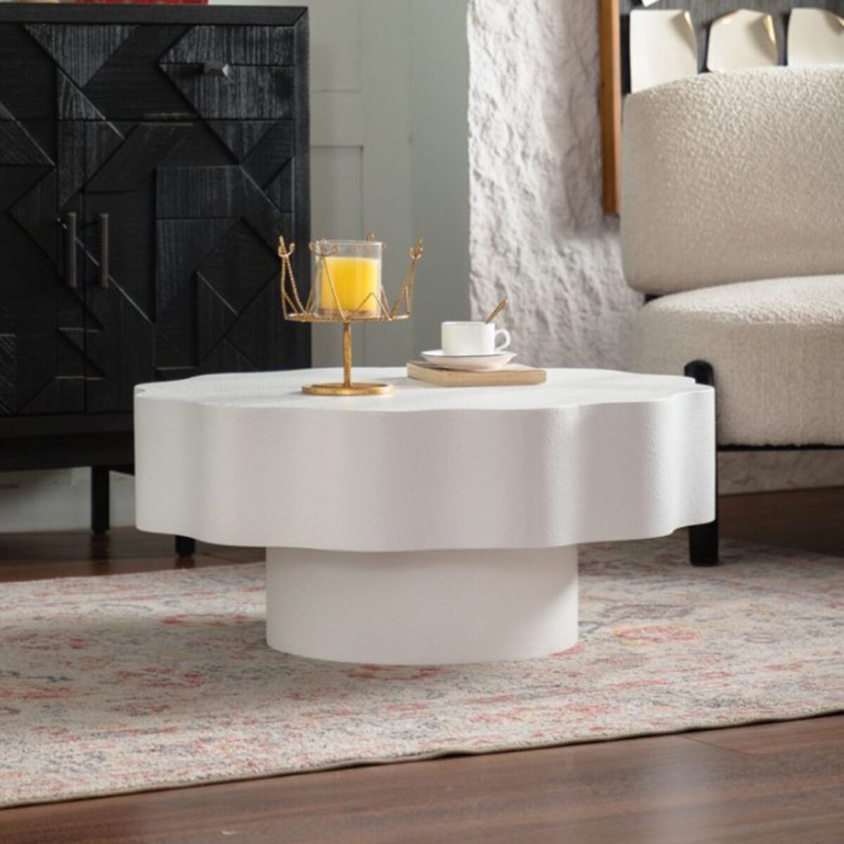 White Scalloped Round Coffee Table - Modern Wavy Edge Accent Table - Image 2