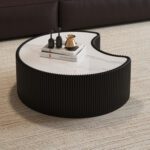 Black Pleated C-Shaped Coffee Table - Sintered Stone Top & Fluted PU Leather Accent Table
