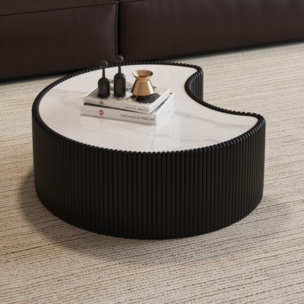 Black Pleated C-Shaped Coffee Table - Sintered Stone Top & Fluted PU Leather Accent Table