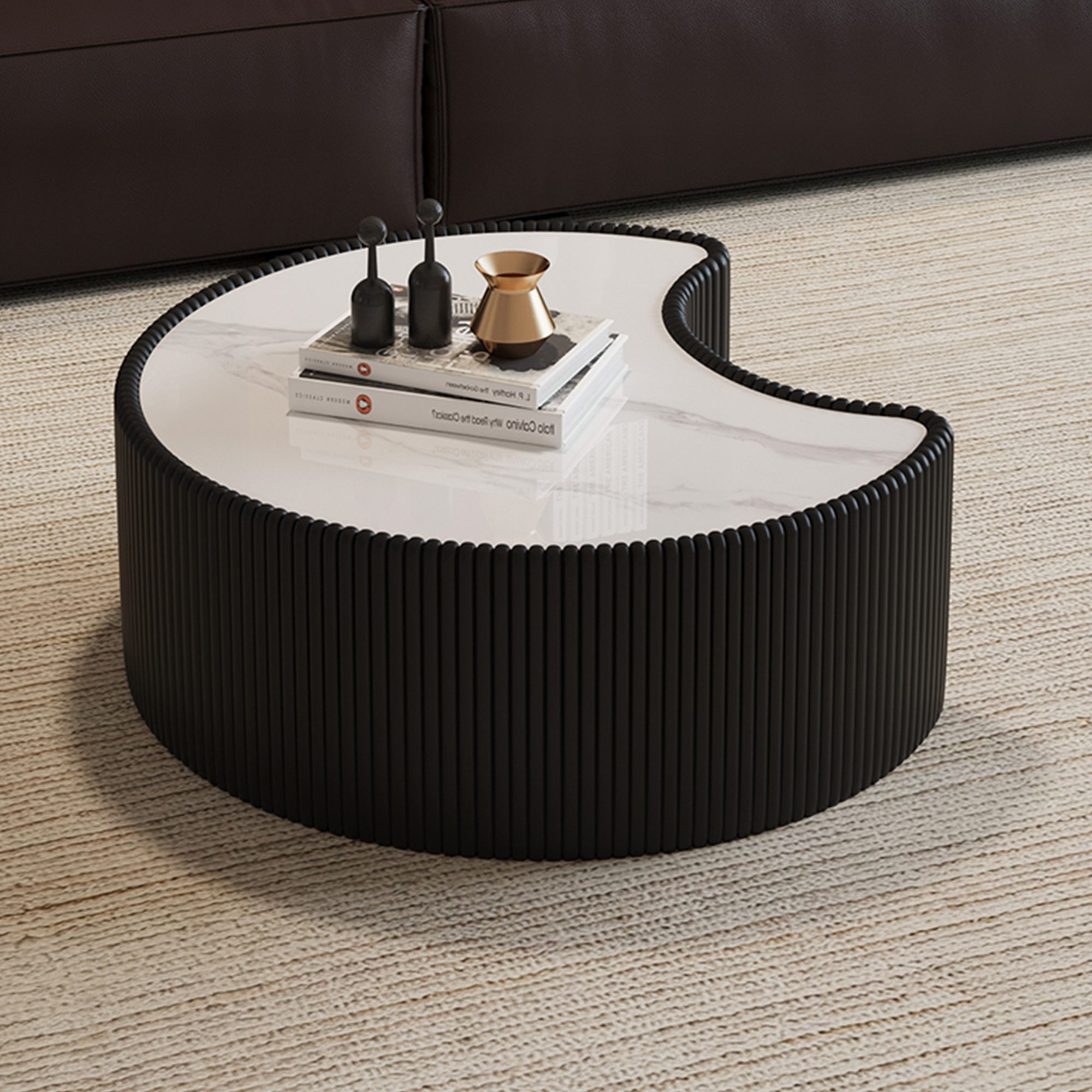 1 Black Pleated C-Shaped Coffee Table - Sintered Stone Top & Fluted PU Leather Accent Table - Image 1