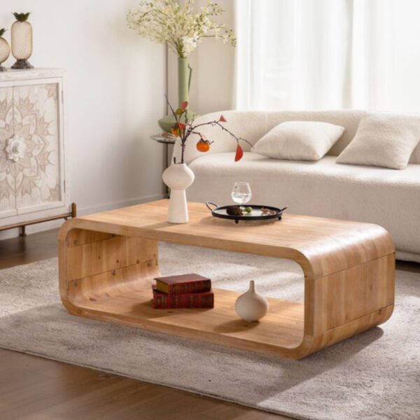 Rounded Open-Frame Coffee Table - Natural Wood-Look Accent Table with Open Lower Shelf