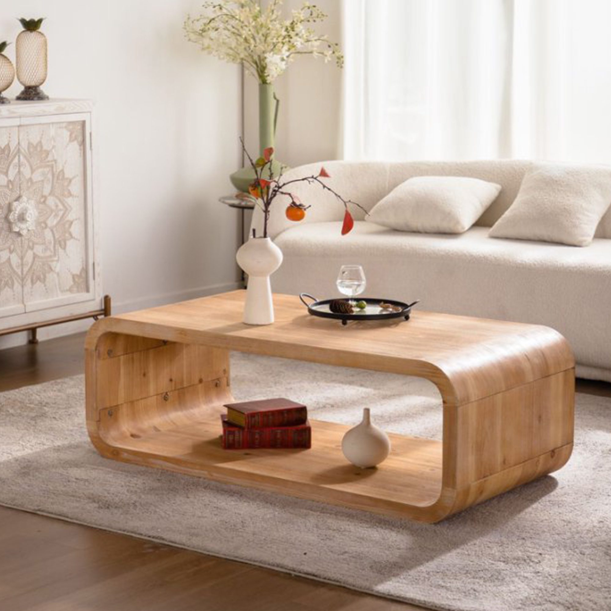 1 Rounded Open-Frame Coffee Table - Natural Wood-Look Accent Table with Open Lower Shelf - Image 1