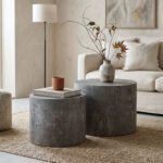 Set of 2 Nesting Round Cylinder MDF Coffee Tables, Rustic Travertine-Effect Drum Accent Side Table Set