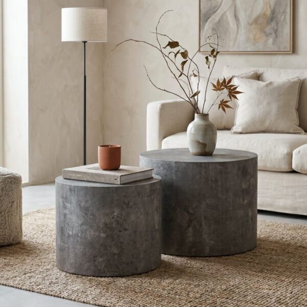 Set of 2 Nesting Round Cylinder MDF Coffee Tables, Rustic Travertine-Effect Drum Accent Side Table Set
