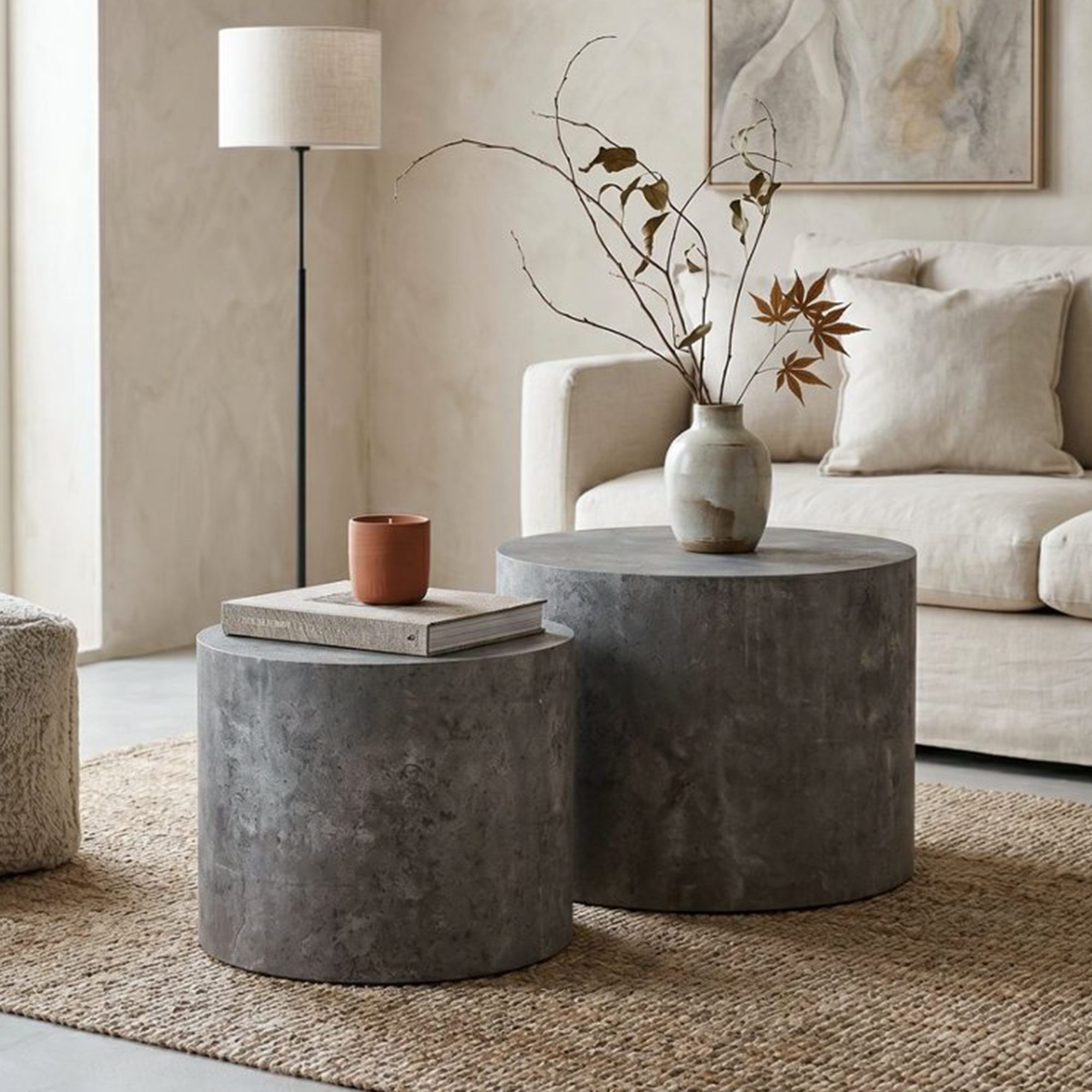 1 Set of 2 Nesting Round Cylinder MDF Coffee Tables, Rustic Travertine-Effect Drum Accent Side Table Set - Image 1