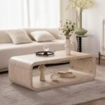 Rounded Open-Frame Travertine-Look Coffee Table - Modern U-Shaped Accent Table with Open Shelf