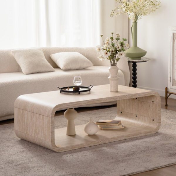 Rounded Open-Frame Travertine-Look Coffee Table - Modern U-Shaped Accent Table with Open Shelf