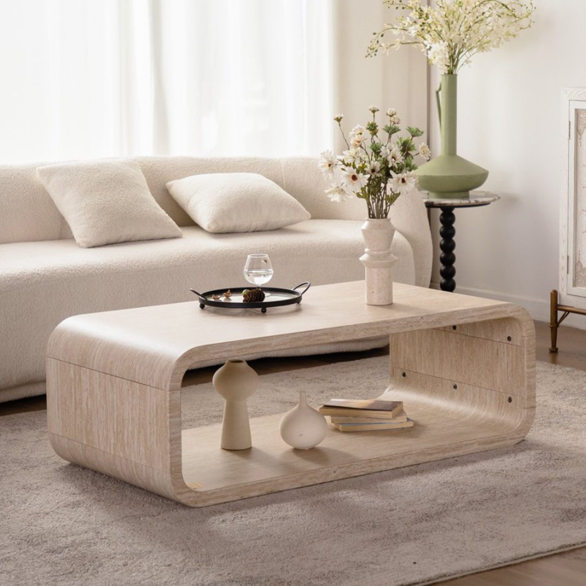 1 Rounded Open-Frame Travertine-Look Coffee Table - Modern U-Shaped Accent Table with Open Shelf - Image 1