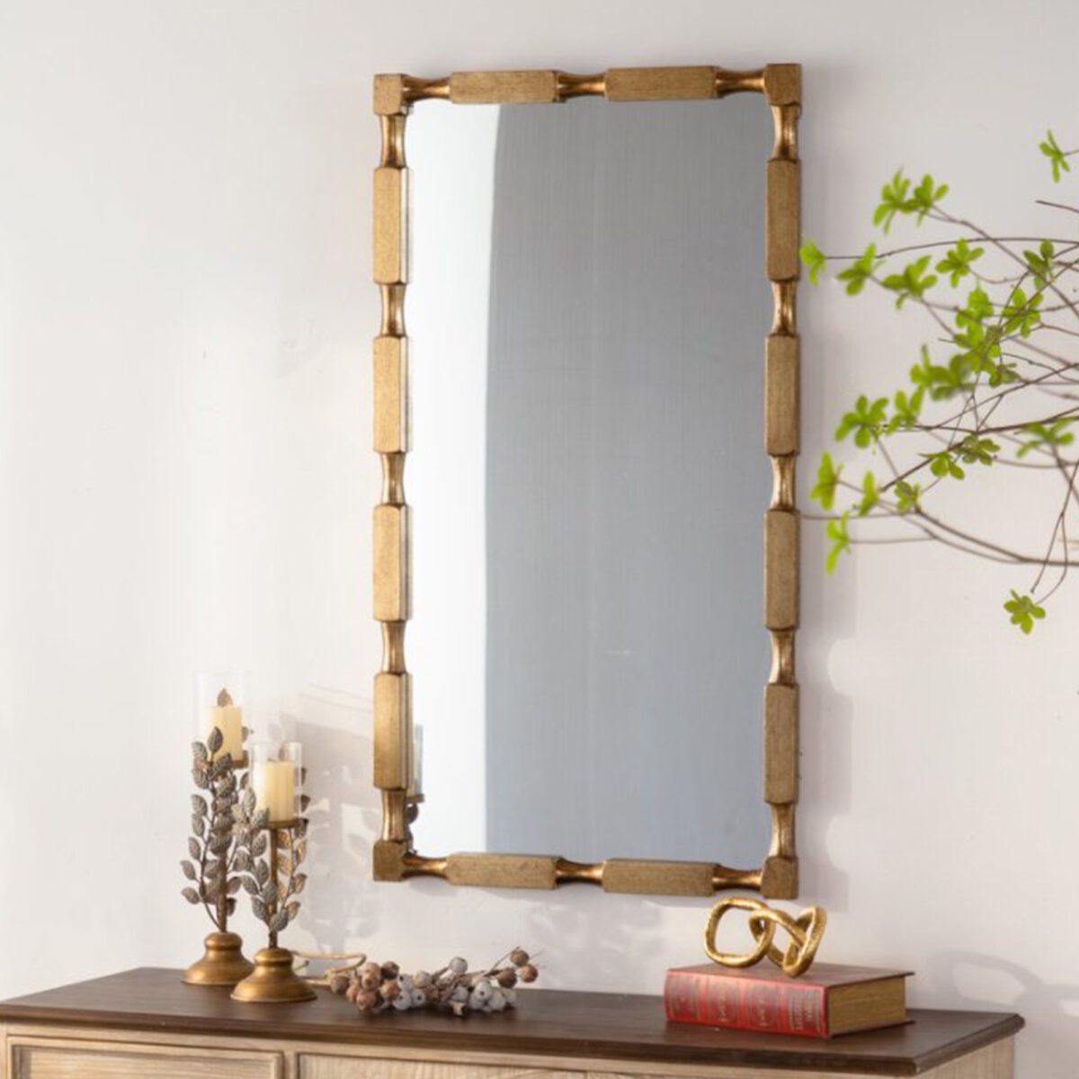 Gold Bamboo-Style Rectangular MDF Wall Mirror - Modern Ornate Accent Mirror - Image 2