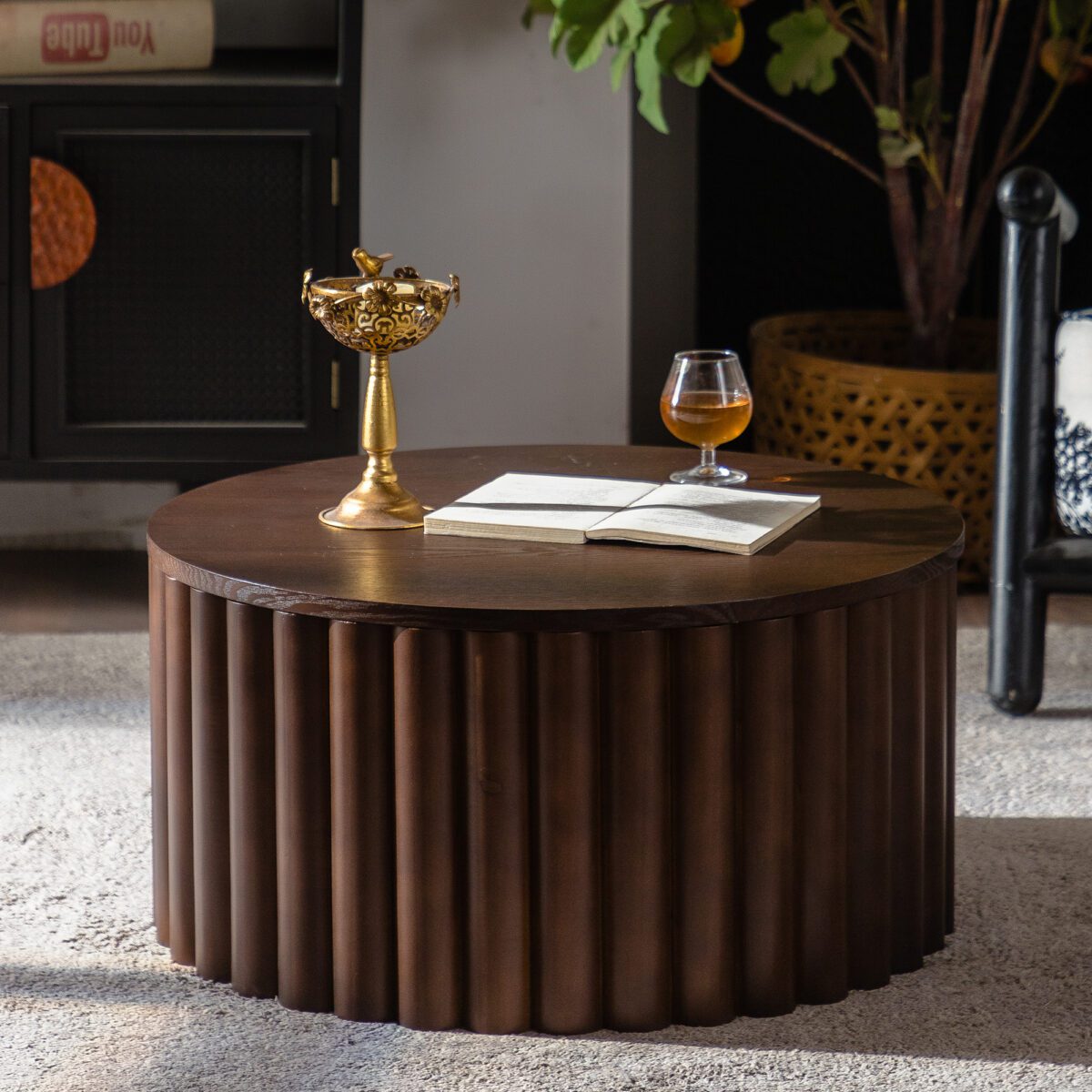Dark Brown Fluted Lift-Top Coffee Table - Round Ribbed Accent Table with Hidden Storage - Image 2