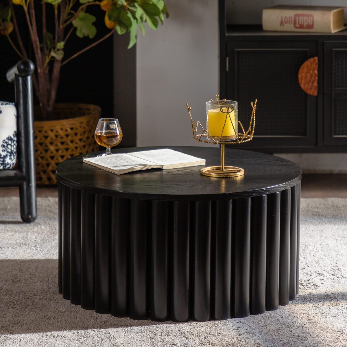 Black Fluted Lift-Top Coffee Table - Round Ribbed Accent Table with Hidden Storage - Image 3