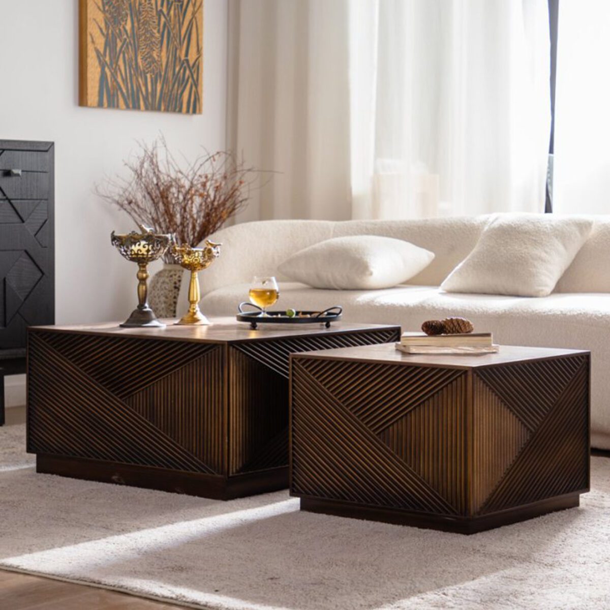 Dark Brown Geometric Fluted Cube Coffee Table - Modern Square Accent Table with Textured Panels - Image 2