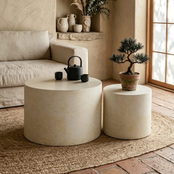 Set of 2 Cream Marble-Effect Cylinder Nesting Coffee Tables - Minimalist Accent Side Tables