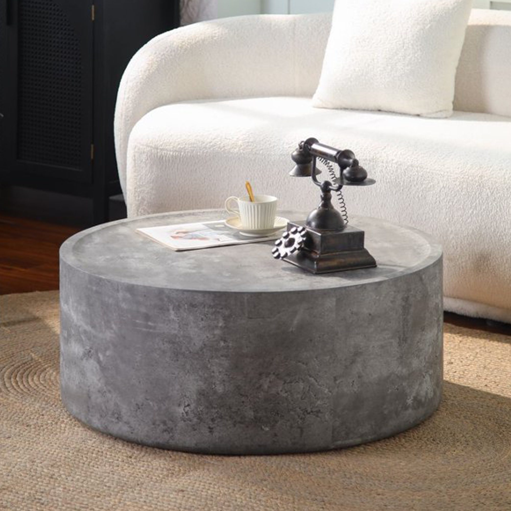 1 Large Round Concrete-Effect Coffee Table - Industrial Minimalist Cylinder Accent Table - Image 1