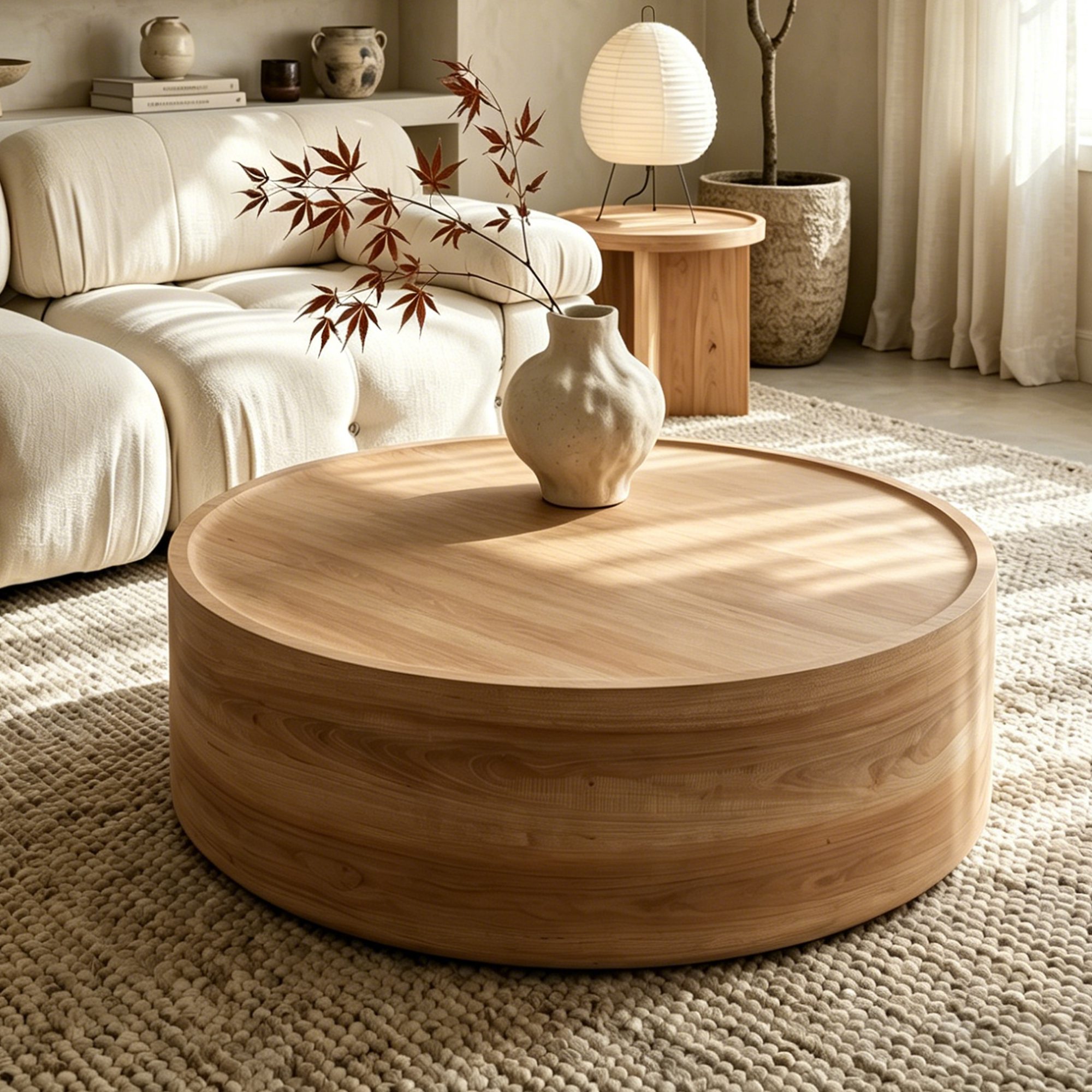 1 Large Round Drum MDF Coffee Table with Natural Wood Grain Veneer, Minimalist Low Profile Living Room Center Table - Image 1