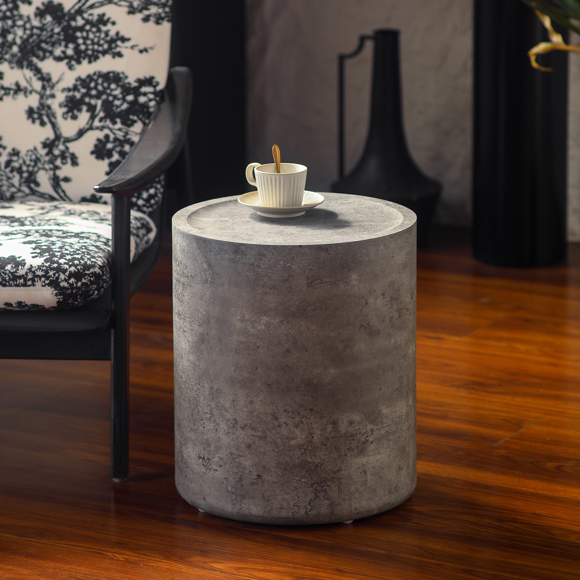 1 Dark Gray Concrete-Effect Cylinder Side Table - Industrial Minimalist Accent Table - Image 1
