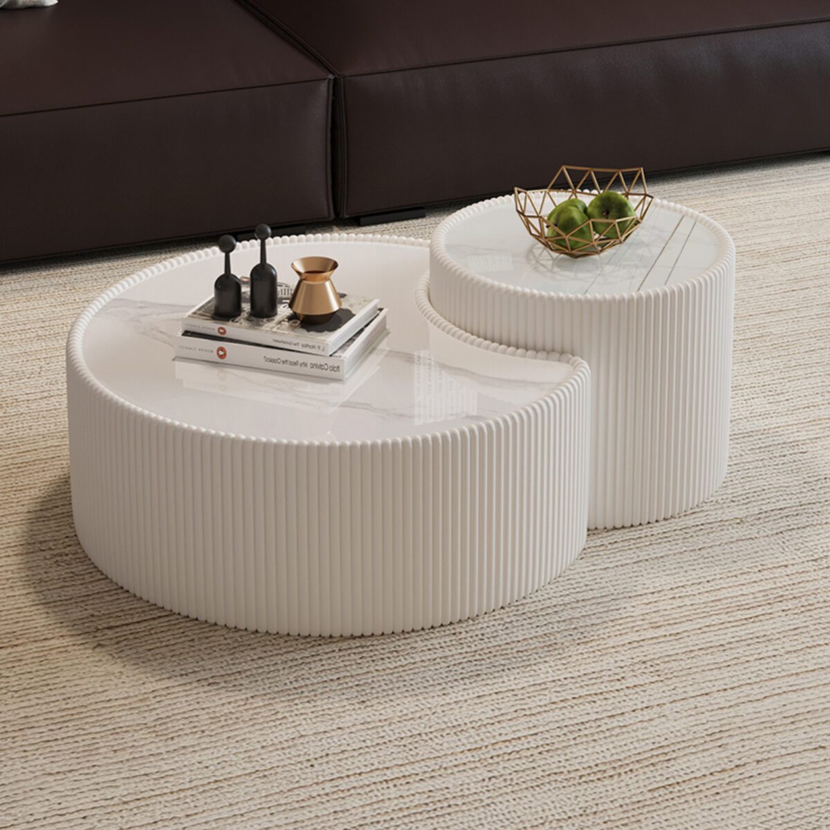 White Pleated C-Shaped Coffee Table - Sintered Stone Top & Fluted PU Leather Accent Table - Image 4