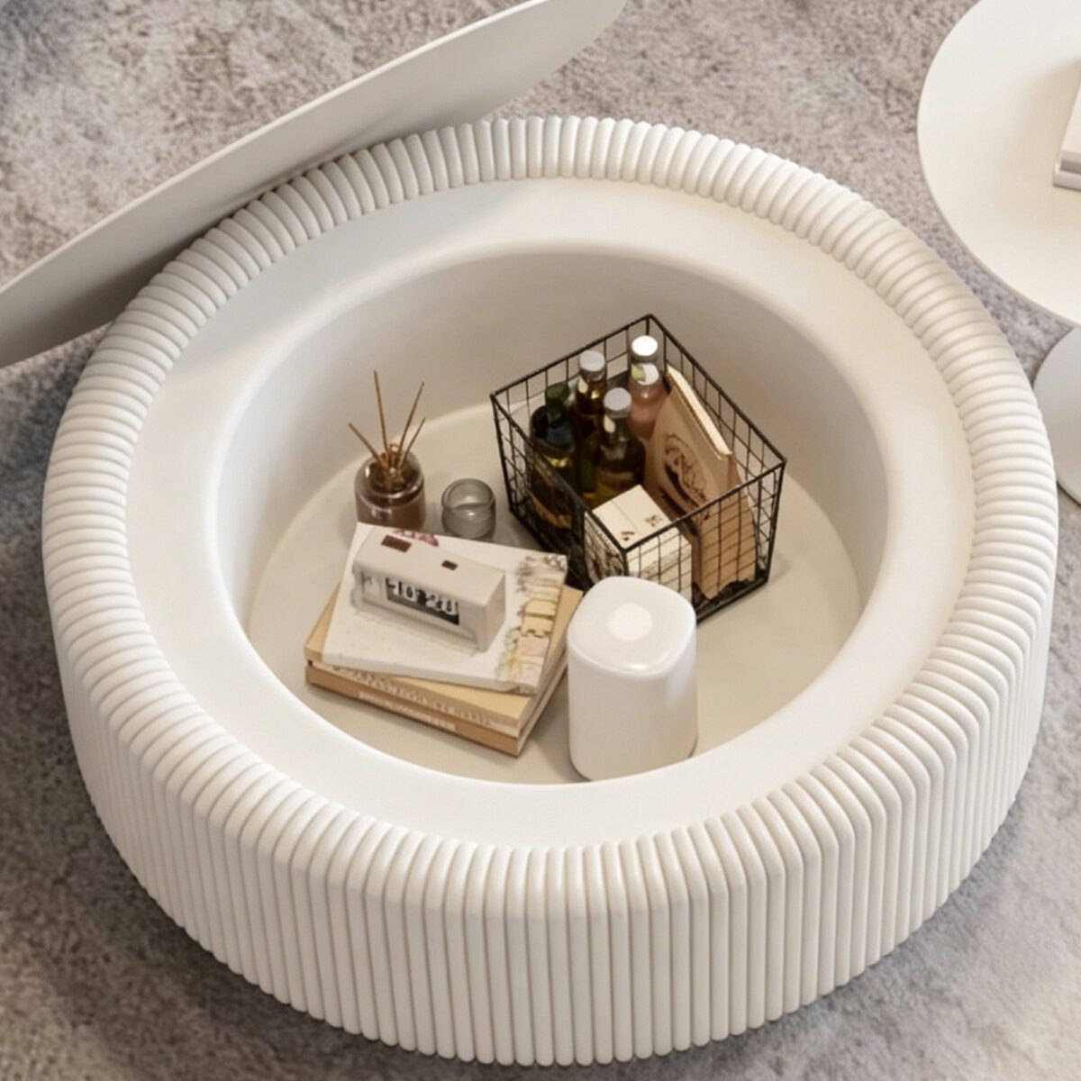 White Pleated Round Coffee Table - Tempered Glass Top & PU Leather Fluted Accent Table - Image 5