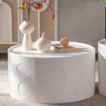 White Embossed Round Coffee Table - Modern Textured Cylinder Accent Table