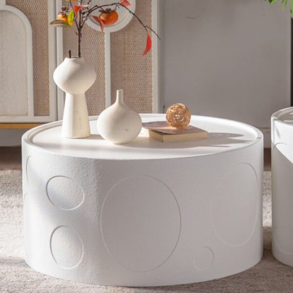White Embossed Round Coffee Table - Modern Textured Cylinder Accent Table