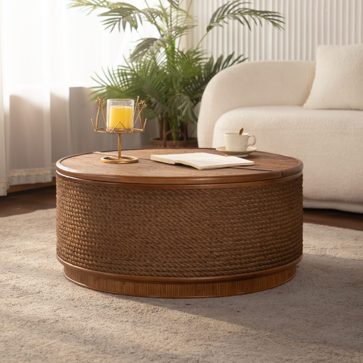 Round Woven Rope Storage Coffee Table - Natural Wood & Rope Accent Table with Lift-Top Compartment - Image 2