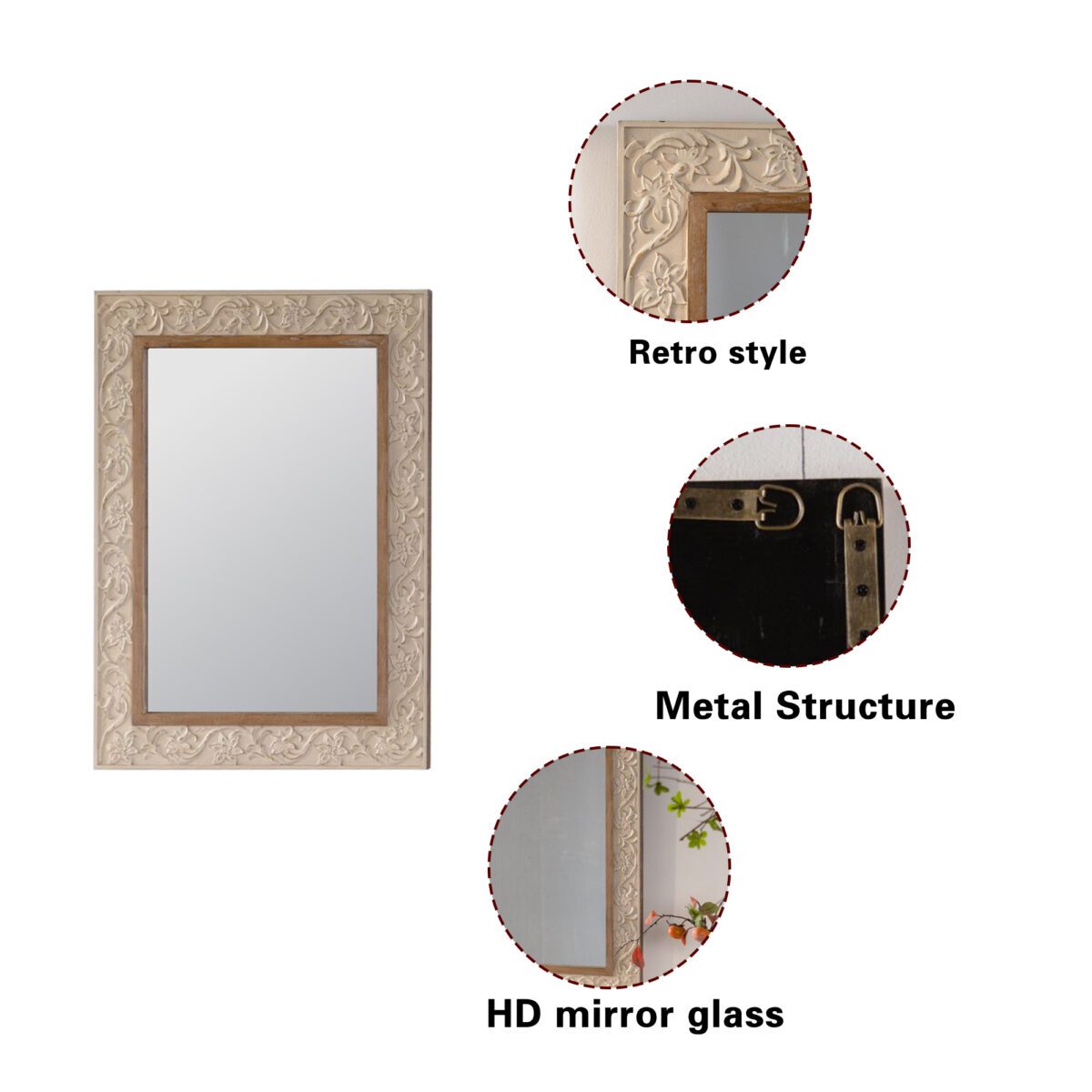Ornate Carved Floral MDF Wall Mirror - Vintage Cream & Natural Wood Accent Mirror - Image 4