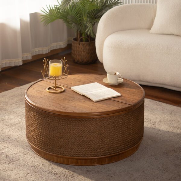 Round Woven Rope Storage Coffee Table - Natural Wood & Rope Accent Table with Lift-Top Compartment